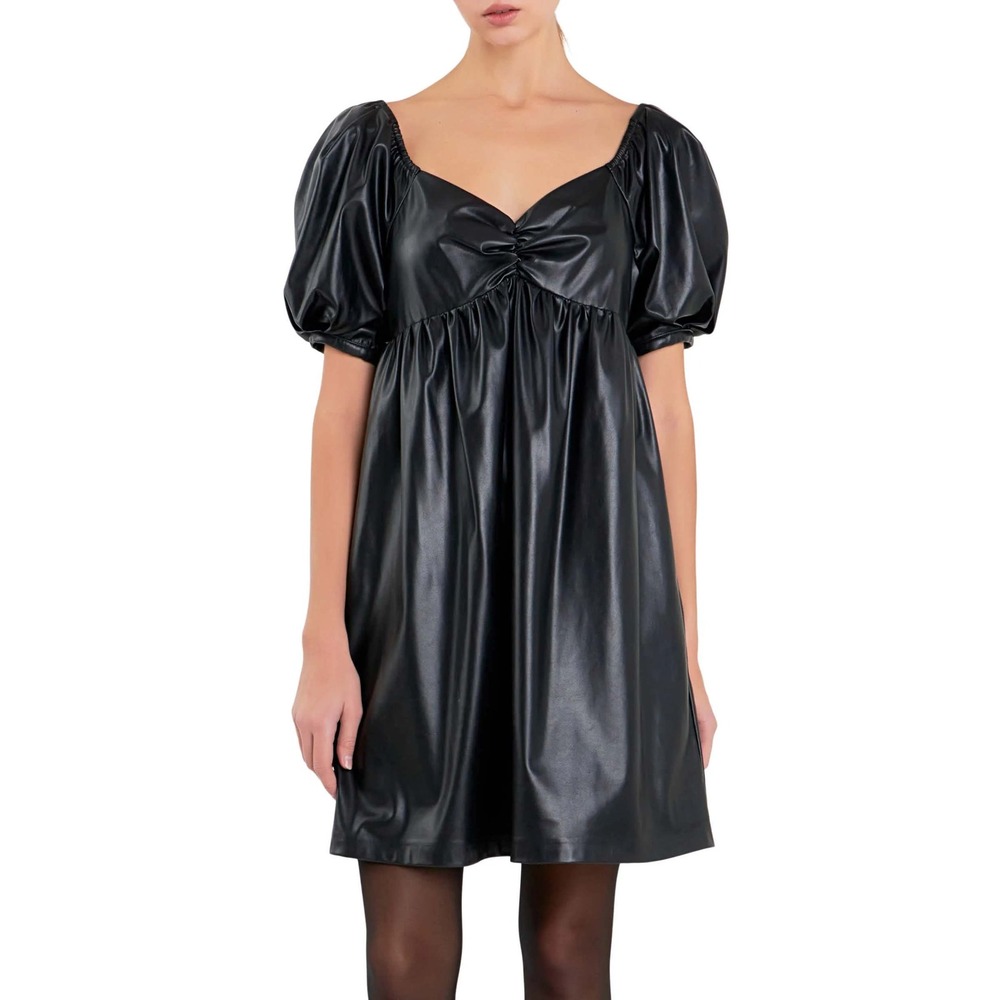 English Factory Faux Leather Mini Dress Black Puff Sleeve Babydoll Size M NWT